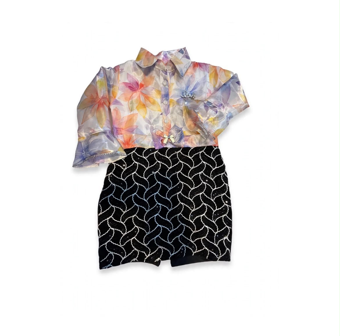 Girls Floral Organza Top with Sequin Skirt - Premium Party Wear
